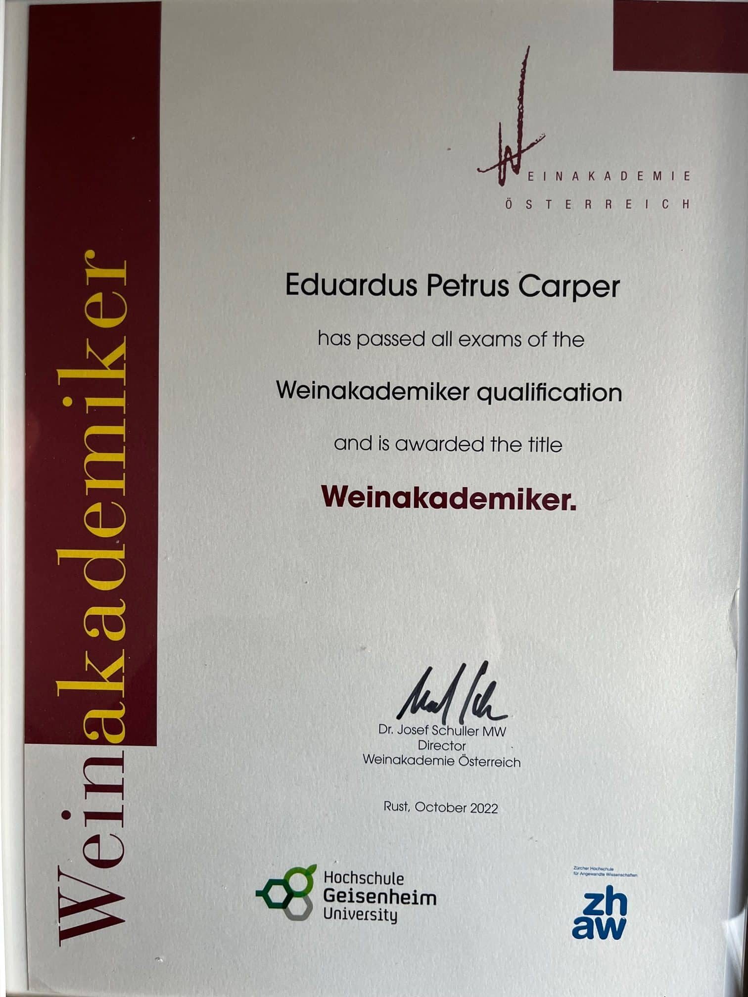 WA-diploma Weinakademiker Diploma